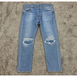 Levis 501 '93 Distressed Button Fly Blue Denim Jeans Mens 38x32 Straight Leg Fit